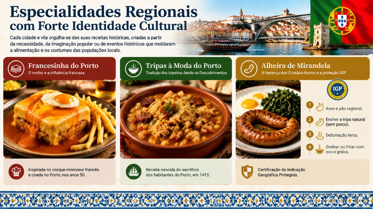 Infográfico sobre as especialidades regionais de Portugal, destacando a Francesinha do Porto, as Tripas à Moda do Porto e a Alheira de Mirandela com o selo de certificação Indicação Geográfica Protegida.