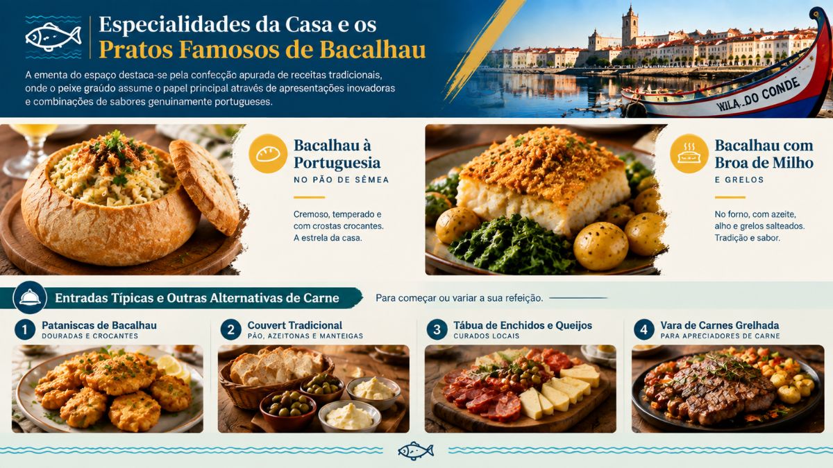 Infográfico com fotos das especialidades de bacalhau e entradas do restaurante Portuguesia em Vila do Conde.