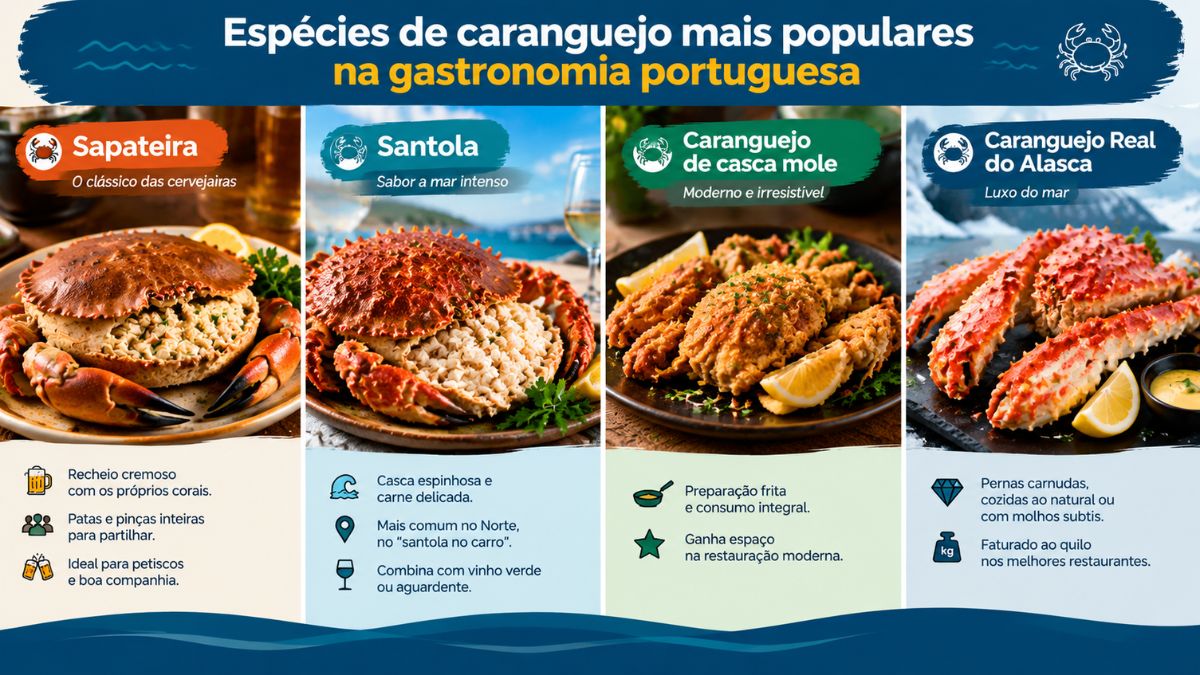 Infográfico comparativo mostrando quatro espécies de caranguejo populares em Portugal: sapateira, santola, caranguejo de casca mole e caranguejo-real.
