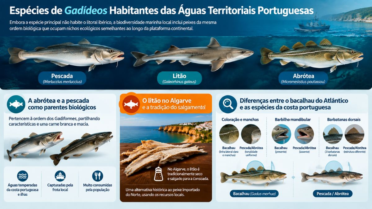 Infográfico comparativo sobre as espécies de gadídeos na costa de Portugal, mostrando a pescada, o litão e a abrótea, além das diferenças morfológicas entre o bacalhau do Atlântico e as espécies locais.