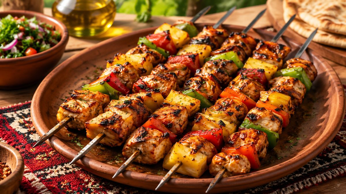Espetadas de frango suculentas grelhadas na brasa intercaladas com pimentos vermelhos e verdes dispostas num prato de barro tradicional.