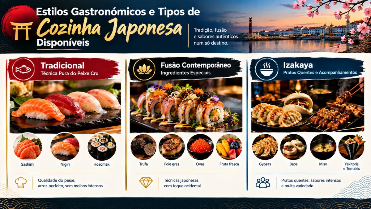 Infográfico explicativo sobre os estilos de cozinha japonesa em Vila do Conde abrangendo sushi tradicional, fusão contemporânea e conceito izakaya.