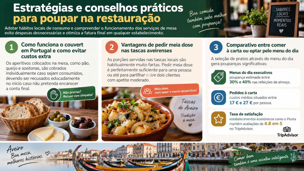 Infográfico sobre como economizar em restaurantes em Aveiro explicando regras do couvert, meia dose em tascas e vantagens do menu do dia.