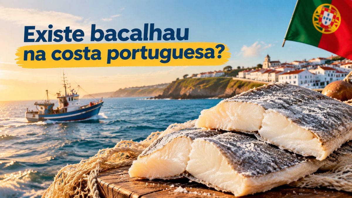 Postas de bacalhau salgado e seco em destaque, com um barco de pesca a navegar no mar e uma vila costeira portuguesa com a bandeira de Portugal ao fundo.