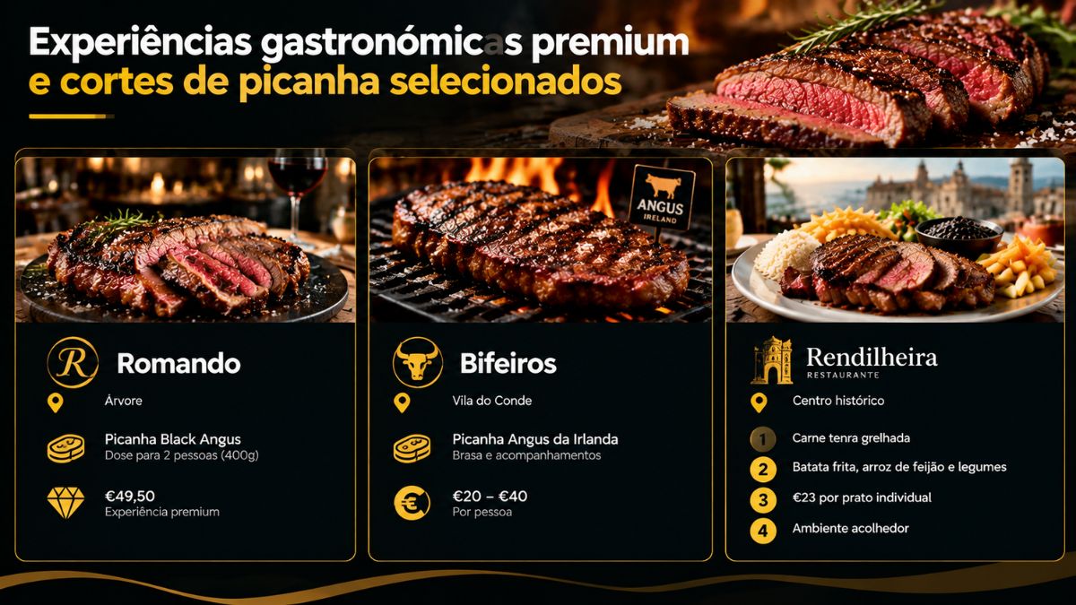 Infográfico destacando restaurantes premium de picanha selecionada com os espaços Romando, Bifeiros e A Rendilheira em Vila do Conde.