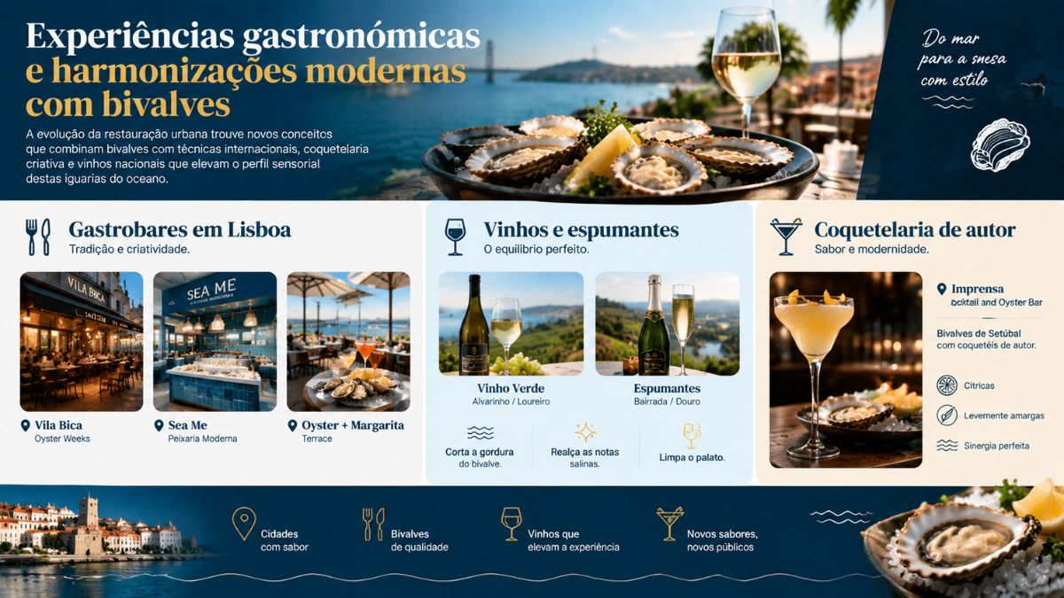 Infográfico sobre experiências gastronómicas e harmonizações modernas com bivalves, destacando gastrobares em Lisboa, vinhos verdes, espumantes e coquetelaria de autor.
