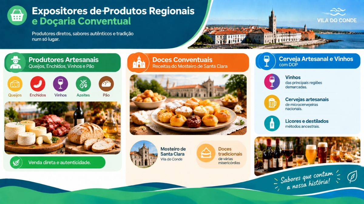Infográfico explicativo sobre a venda de produtos artesanais, doçaria conventual do Mosteiro de Santa Clara, vinhos e cerveja artesanal na Feira de Gastronomia de Vila do Conde.
