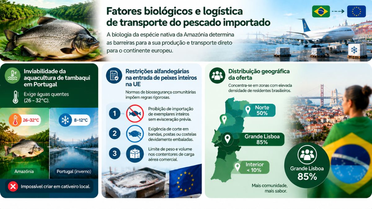 Infográfico com explicações sobre a inviabilidade de criação de tambaqui em Portugal, restrições alfandegárias da União Europeia e distribuição regional da oferta.