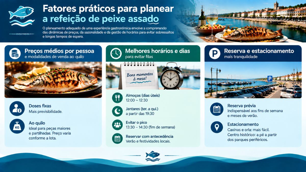 Infográfico sobre planeamento de refeições de peixe grelhado em Vila do Conde com preços médios, melhores horários e dicas de reserva e estacionamento.
