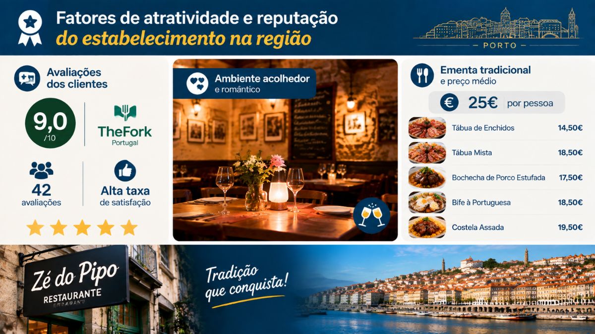 Infográfico com avaliações do TheFork, preço médio da ementa e fotos do ambiente acolhedor do restaurante Zé do Pipo no Porto.