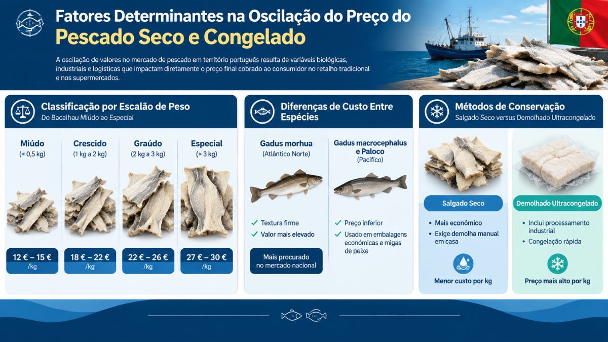 Infográfico com os fatores que influenciam o preço do bacalhau em Portugal incluindo classificação por peso de miúdo a especial, diferenças entre espécies e métodos de conservação salgado seco versus demolhado ultracongelado.