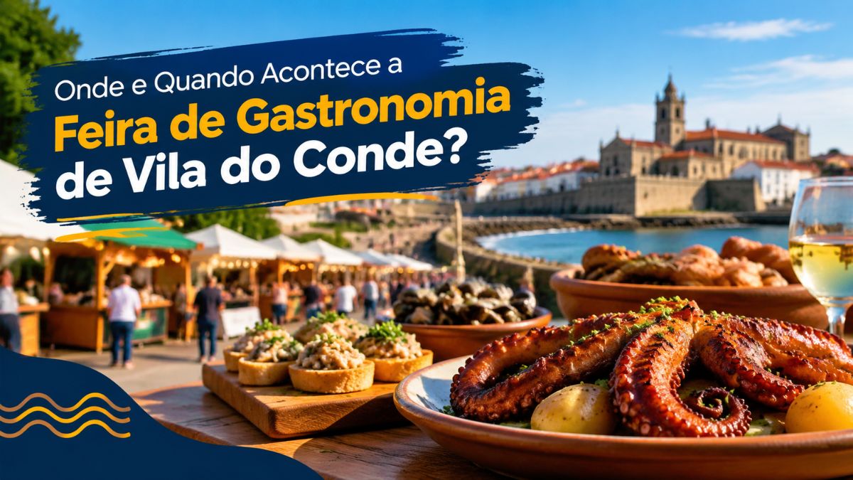 Prato tradicional de polvo assado e petiscos portugueses em destaque na Feira de Gastronomia de Vila do Conde com paisagem urbana ao fundo.