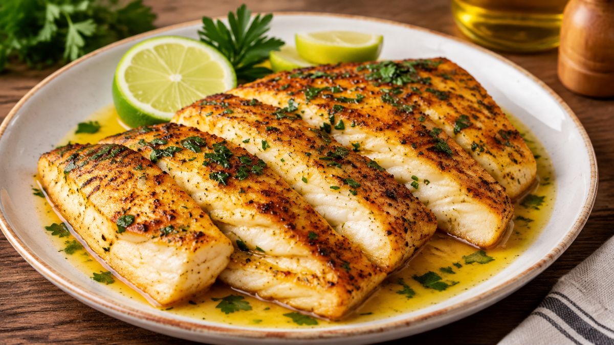 Quatro filetes de peixe branco grelhados dourados e suculentos, dispostos num prato, cobertos com molho de limão e azeite e polvilhados com salsa fresca picada. Duas fatias de limão e um ramo de salsa decoram o prato sobre uma mesa de madeira.