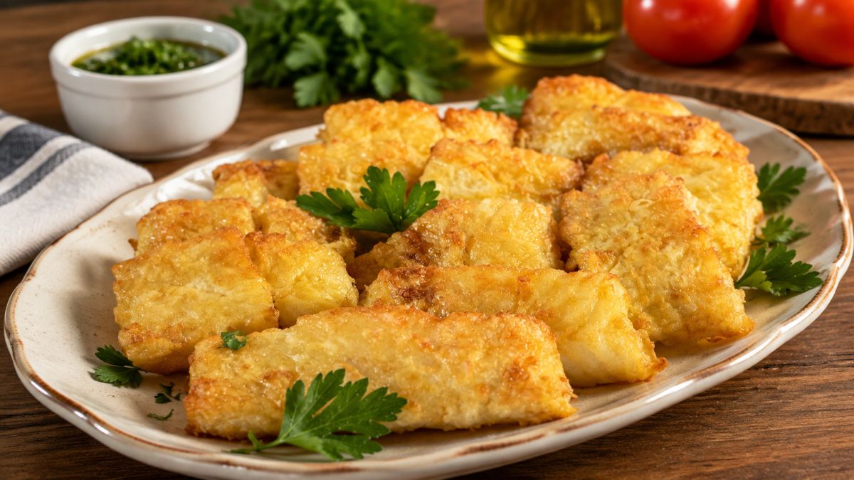 Um prato de cerâmica branco com filetes de bacalhau fritos dourados, polvilhados com salsa fresca, em uma mesa de madeira. Ao fundo, uma tigela com molho verde, tomates e salsa.