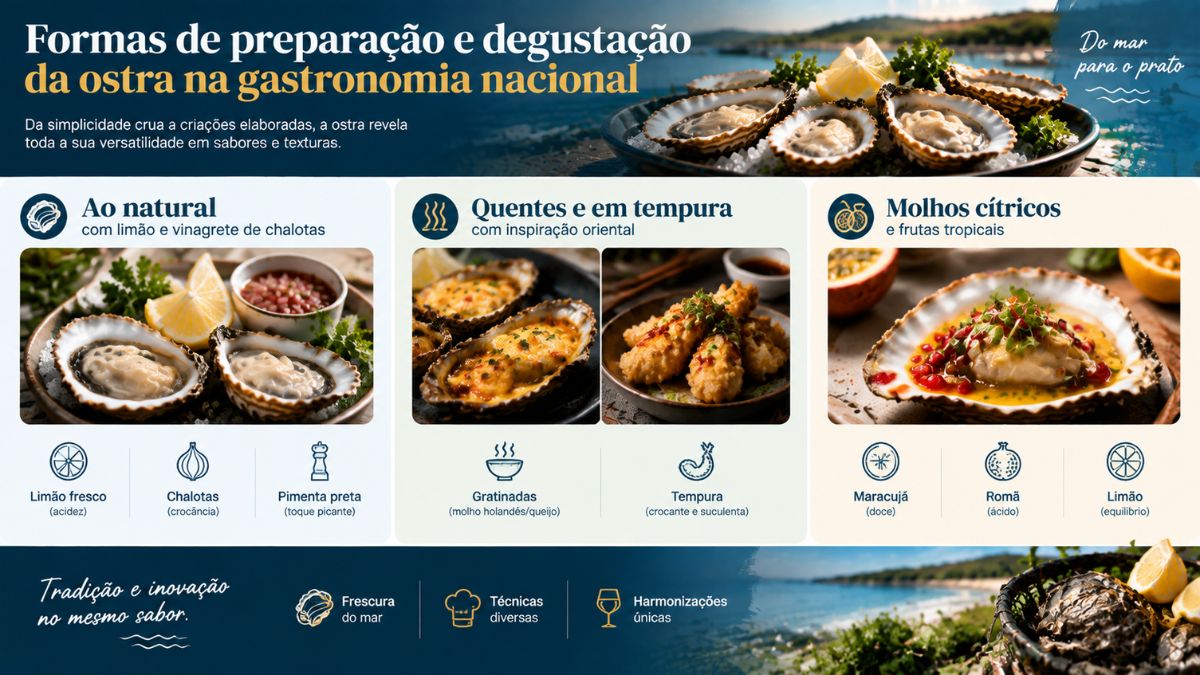 Infográfico culinário sobre formas de preparação de ostras em Portugal, mostrando opções ao natural, quentes gratinadas, em tempura e com molhos cítricos.