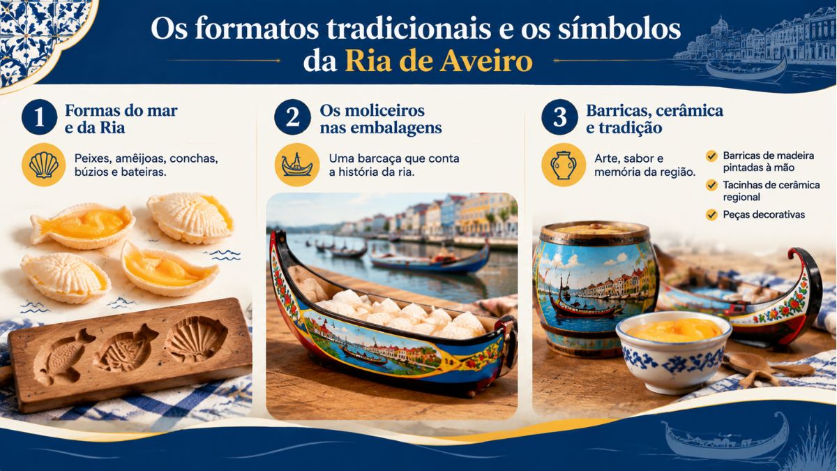 Infográfico dos formatos e recipientes dos ovos moles de Aveiro mostrando formas marítimas, barcos moliceiros e barricas de madeira pintadas.