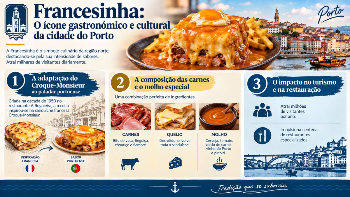 Infográfico sobre a Francesinha do Porto com destaque para as carnes, queijo derretido, molho especial picante e acompanhamento de batatas fritas.