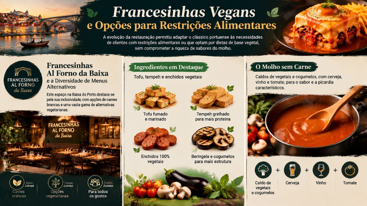Infográfico sobre francesinhas vegans e opções para restrições alimentares, apresentando o restaurante Francesinhas Al Forno da Baixa, os ingredientes vegetais em destaque e a preparação do molho sem carne.