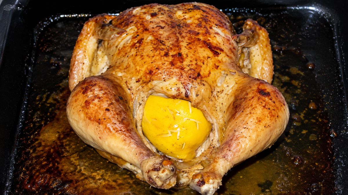 Frango inteiro assado numa assadeira preta com a pele dourada e temperada apresentando dois limões inteiros na cavidade interior.