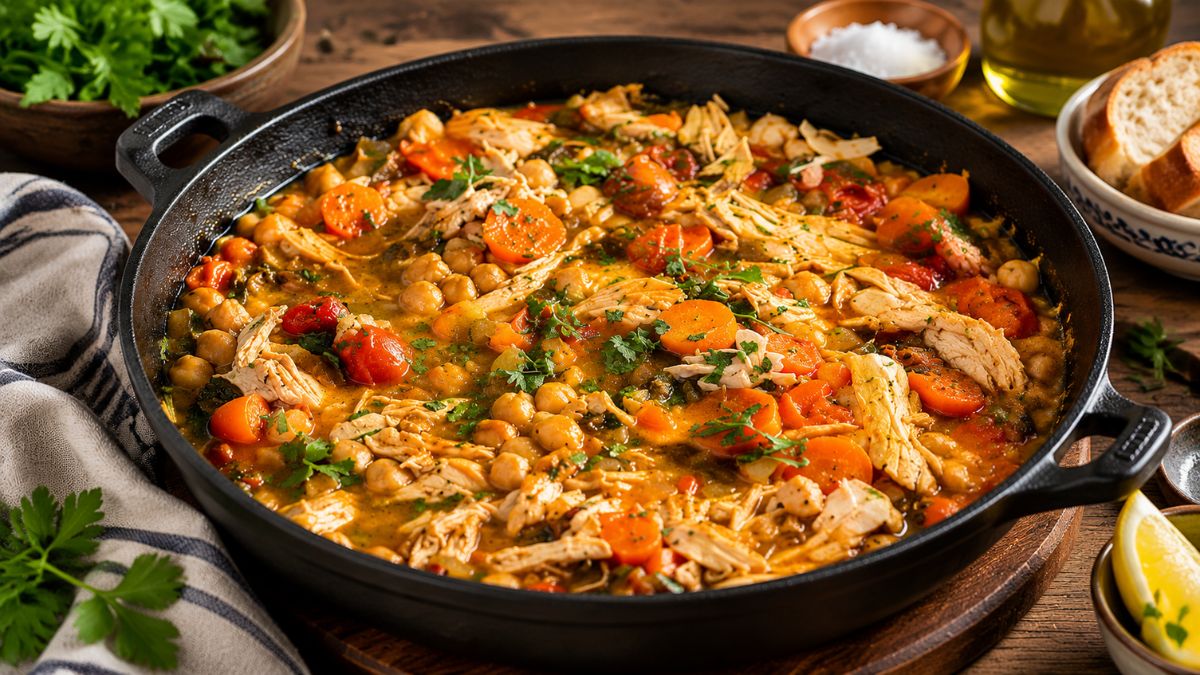 Frango estufado com grão-de-bico, cenouras em rodelas e molho de tomate cozinhado num tacho preto sobre mesa de madeira.