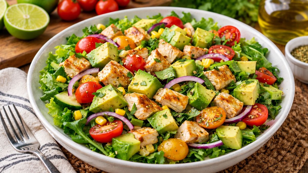 Prato fundo com salada de frango em cubos grelhados, abacate, tomate-cereja, milho, cebola roxa e folhas verdes.