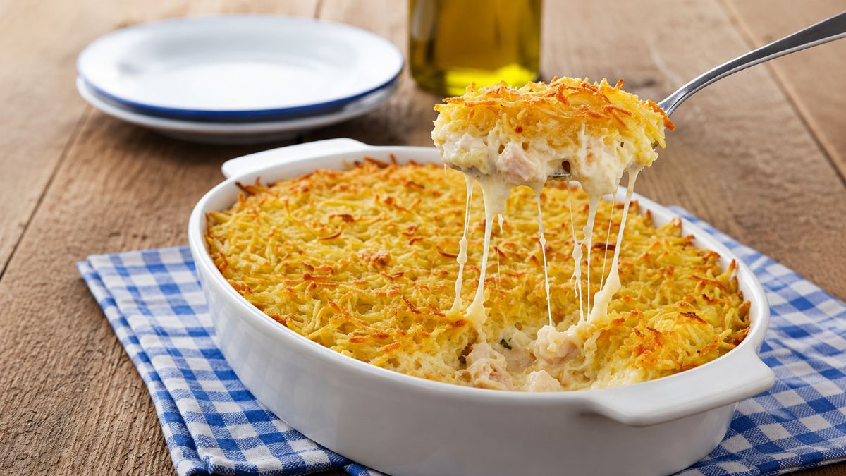 Travessa de cerâmica branca com frango de fricassé cremoso gratinado coberto com batata palha, onde uma colher retira uma porção mostrando o queijo derretido a esticar sobre uma mesa de madeira.