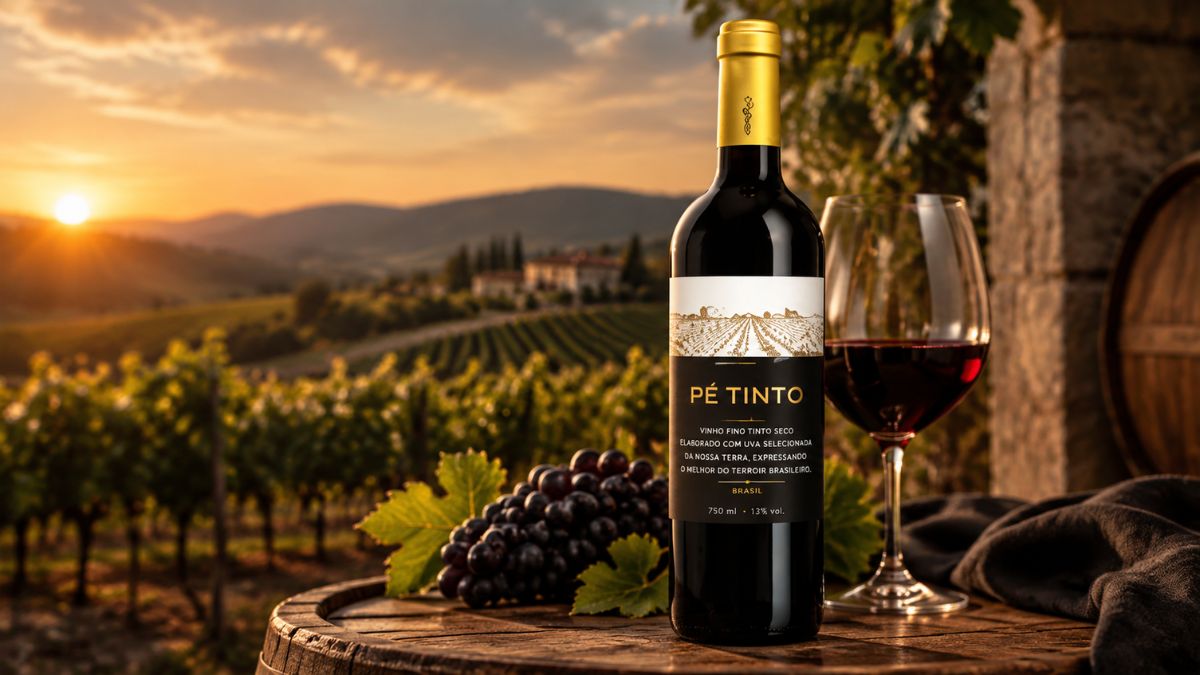 Uma garrafa de vinho tinto Pé Tinto da Herdade do Esporão, 750ml, ao lado de uma taça cheia de vinho e um cacho de uvas roxas, tudo sobre uma barrica de madeira num vinhedo no Alentejo, Portugal, durante o pôr do sol.