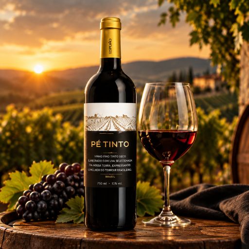 Garrafa do vinho tinto português Pé Tinto Esporão de 750ml com 13% de teor alcoólico ao lado de uma taça de vinho e uvas escuras sobre barrica de madeira em vinhedo alentejano ao pôr do sol.