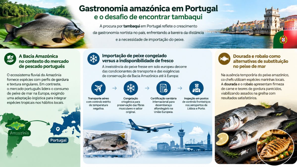 Infográfico sobre o consumo de peixe tambaqui em Portugal com dados sobre importação congelada da Bacia Amazónica e substitutos locais.