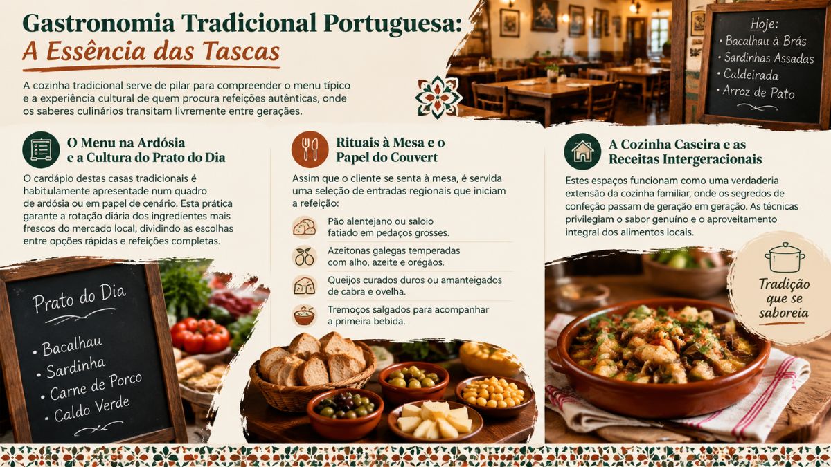 Infográfico sobre a gastronomia tradicional portuguesa nas tascas, mostrando o menu na ardósia, pratos do dia, elementos do couvert e cozinha caseira.