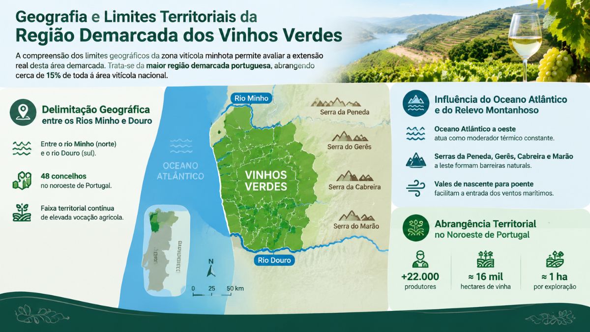 Infográfico com mapa detalhando a geografia e os limites territoriais da Região Demarcada dos Vinhos Verdes em Portugal.