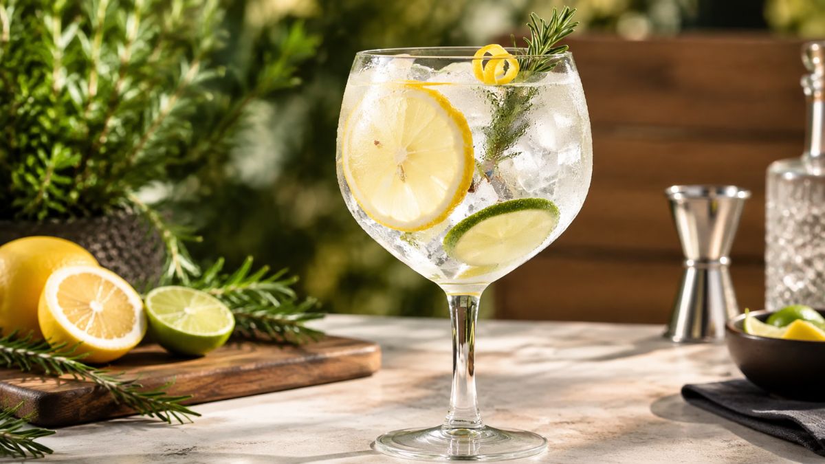 Fotografia de estúdio de um copo de gin tónico gelado com rodelas de limão siciliano e lima, gelo, um twist de casca de limão e um ramo de alecrim fresco, servido numa bancada de pedra com guarnições de citrinos e ervas aromáticas ao fundo.