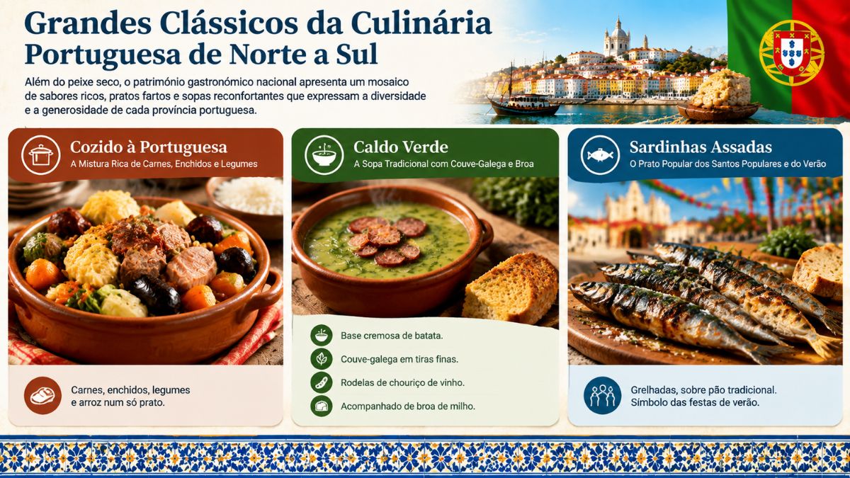 Infográfico sobre os grandes clássicos da culinária portuguesa, apresentando Cozido à Portuguesa, Caldo Verde e Sardinhas Assadas com ingredientes e caraterísticas tradicionais.