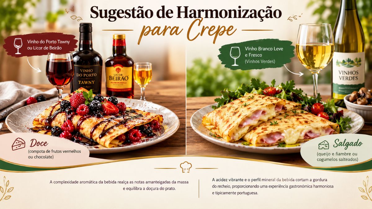 Infográfico com sugestão de harmonização para crepe doce com Vinho do Porto e crepe salgado com Vinho Verde.