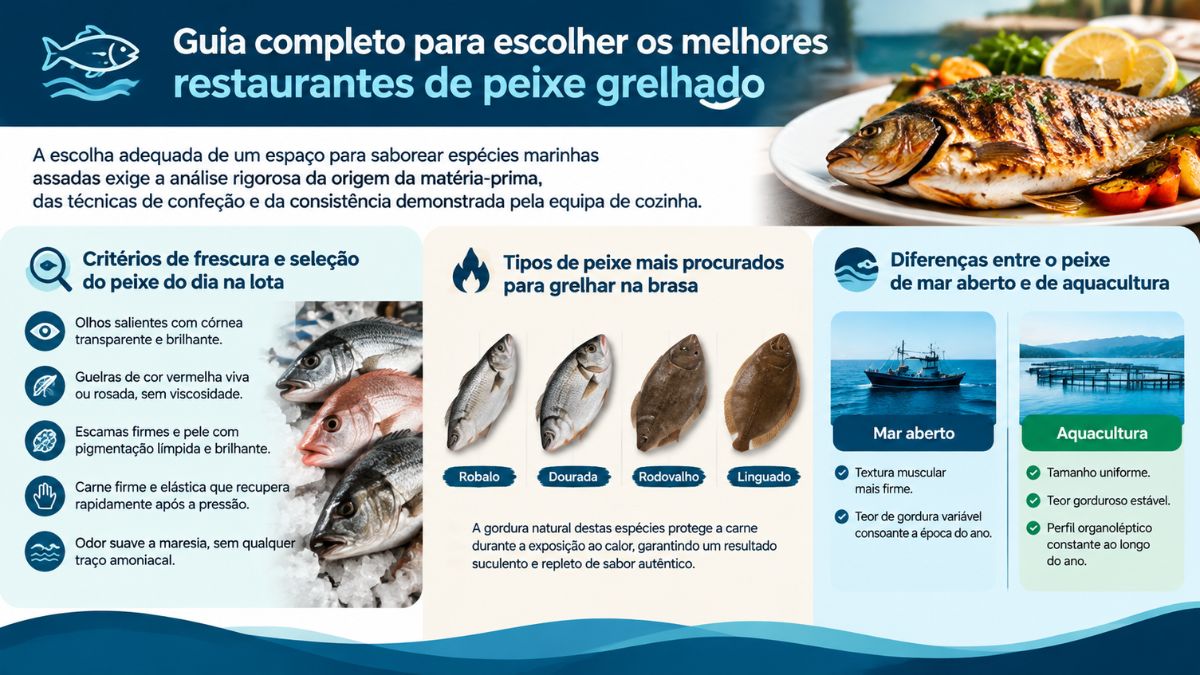 Infográfico detalhado sobre peixe grelhado com critérios de frescura, tipos de peixes mais procurados como robalo e dourada, e diferenças entre mar aberto e aquacultura.