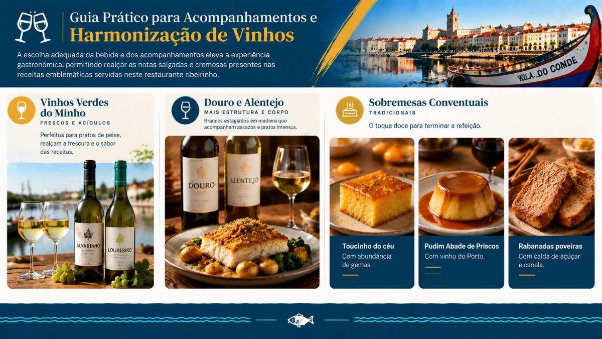 Infográfico com opções de vinhos verdes do Minho rótulos do Douro e Alentejo e sobremesas conventuais tradicionais para acompanhar bacalhau.