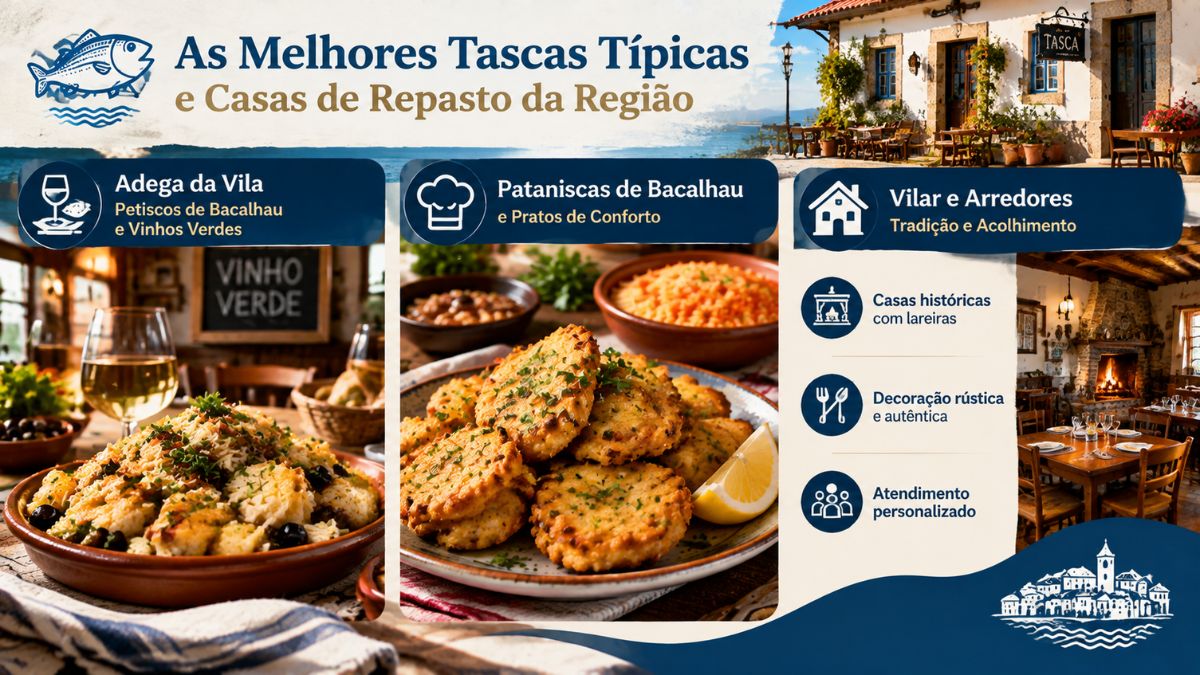Infográfico com tascas típicas e casas de repasto em Vila do Conde, com petiscos de bacalhau, vinho verde, pataniscas e ambientes rústicos.