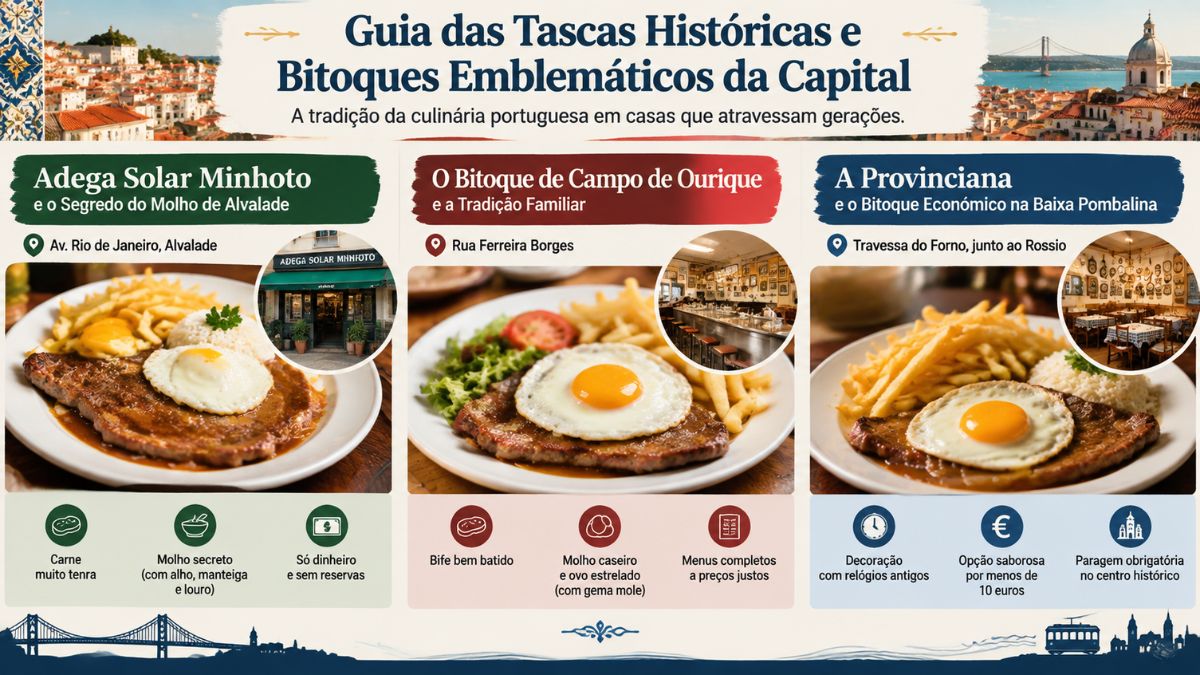 Infográfico explicativo sobre onde comer bitoque em Lisboa com detalhes da Adega Solar Minhoto em Alvalade, O Bitoque em Campo de Ourique e A Provinciana no Rossio.