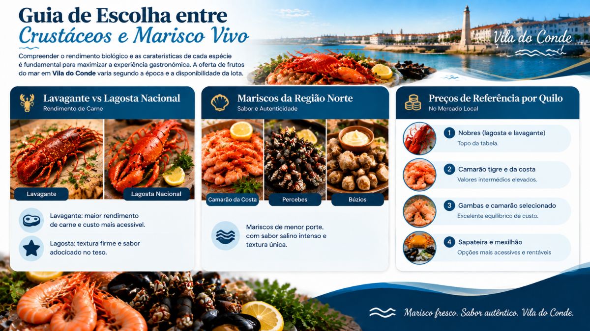 Infográfico comparativo sobre lavagante lagosta nacional e preços de referência por quilo de mariscos em Vila do Conde.