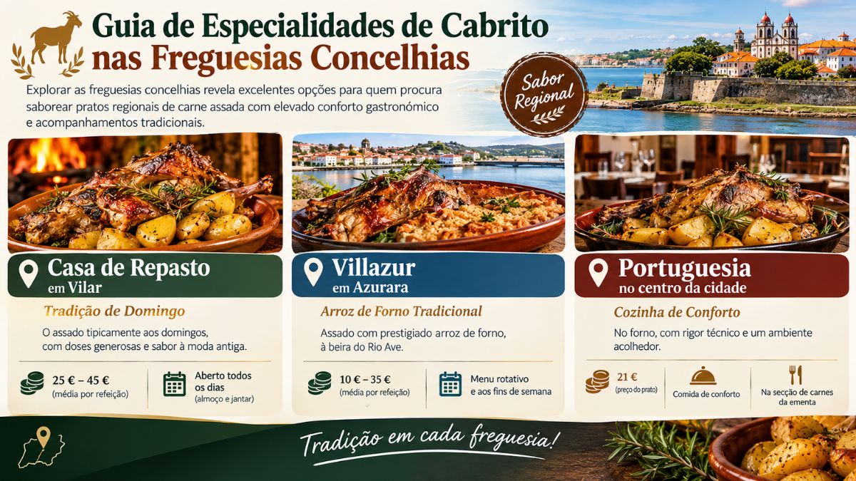 Infográfico sobre restaurantes de cabrito nas freguesias de Vila do Conde com destaque para Casa de Repasto, Villazur e Portuguesia.