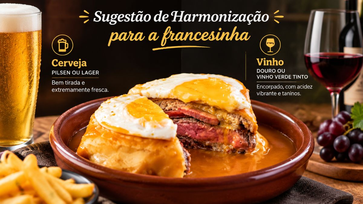 Infográfico gastronómico mostrando a harmonização ideal para a francesinha portuguesa. No centro, uma francesinha rústica em prato de barro, cortada ao meio, banhada em molho cor de laranja e coberta com queijo e ovo estrelado. À esquerda, um copo alto de cerveja pilsen com espuma, batatas fritas crocantes e texto sugerindo cerveja Pilsen ou Lager bem tirada e fresca. À direita, um copo com vinho tinto, uvas pretas e texto indicando vinho Douro ou Vinho Verde tinto, encorpado, com acidez vibrante e taninos. Fundo de madeira com texto de título: Sugestão de Harmonização para a francesinha.