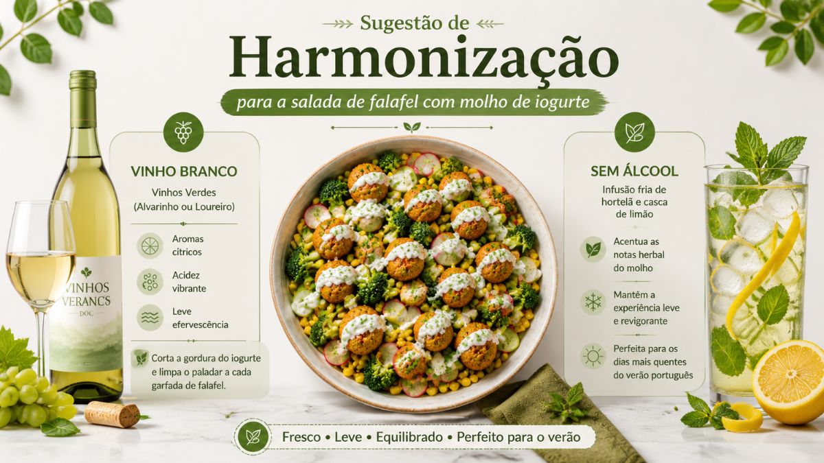 Um infográfico de "Sugestão de Harmonização" para uma salada de falafel com molho de iogurte. O gráfico é dividido em três seções principais sobre um fundo limpo. No centro, há uma tigela de salada vibrante com falafel, brócolis e milho. À esquerda, a seção "VINHO BRANCO" mostra uma garrafa de Vinhos Verancs DOC Vinho Verde (castas Alvarinho ou Loureiro) e uma taça, com ícones e texto detalhando aromas cítricos, acidez vibrante, leve efervescência e como ele corta a gordura do iogurte e limpa o paladar. À direita, a seção "SEM ÁLCOOL" apresenta um copo de uma infusão fria de hortelã e casca de limão com gelo, com texto explicando como ela acentua as notas de ervas, mantém a experiência leve e é perfeita para o verão português. Um banner na base resume com os ícones: "Fresco • Leve • Equilibrado • Perfeito para o verão". O texto é todo em português europeu, formatado com cabeçalhos claros e listas com marcadores visuais.