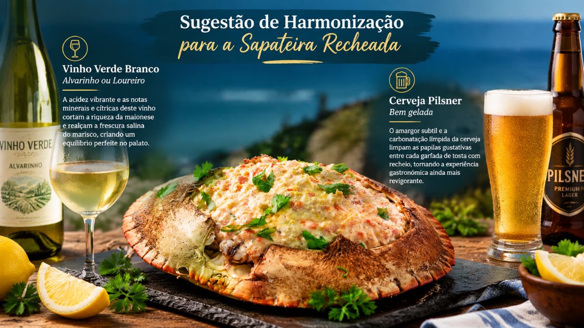 Infográfico explicativo sobre harmonização de bebidas para sapateira recheada. Do lado esquerdo sobressai uma garrafa e um copo de Vinho Verde Branco Alvarinho. Ao centro sobressai a carcaça da sapateira recheada com limão e salsa. Do lado direito sobressai uma garrafa e um copo de cerveja Pilsner bem gelada.
