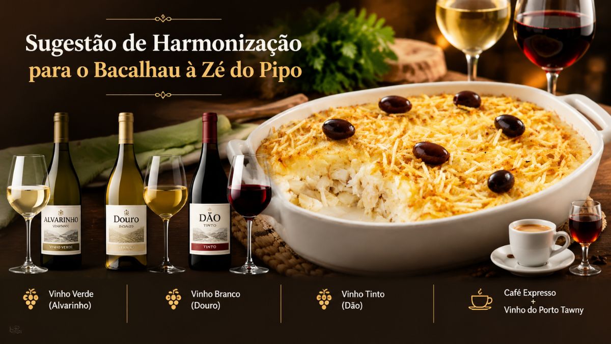 Infográfico ilustrado mostrando uma travessa grande de Bacalhau à Zé do Pipo gratinado com azeitonas pretas ao centro. Do lado esquerdo, estão três garrafas de vinho português com seus respectivos copos: Vinho Verde Alvarinho, Vinho Branco do Douro e Vinho Tinto do Dão. Do lado direito, vê-se uma chávena de café expresso e um copo pequeno de Vinho do Porto Tawny. O texto no topo diz "Sugestão de Harmonização para o Bacalhau à Zé do Pipo". Legendas na base identificam cada opção com ícones de uvas e café.