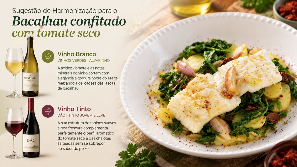 Infográfico comparativo mostrando uma garrafa de vinho branco Alvarinho e uma garrafa de vinho tinto do Dão ao lado de um prato de bacalhau confitado, sugerindo harmonizações de vinhos para a receita.