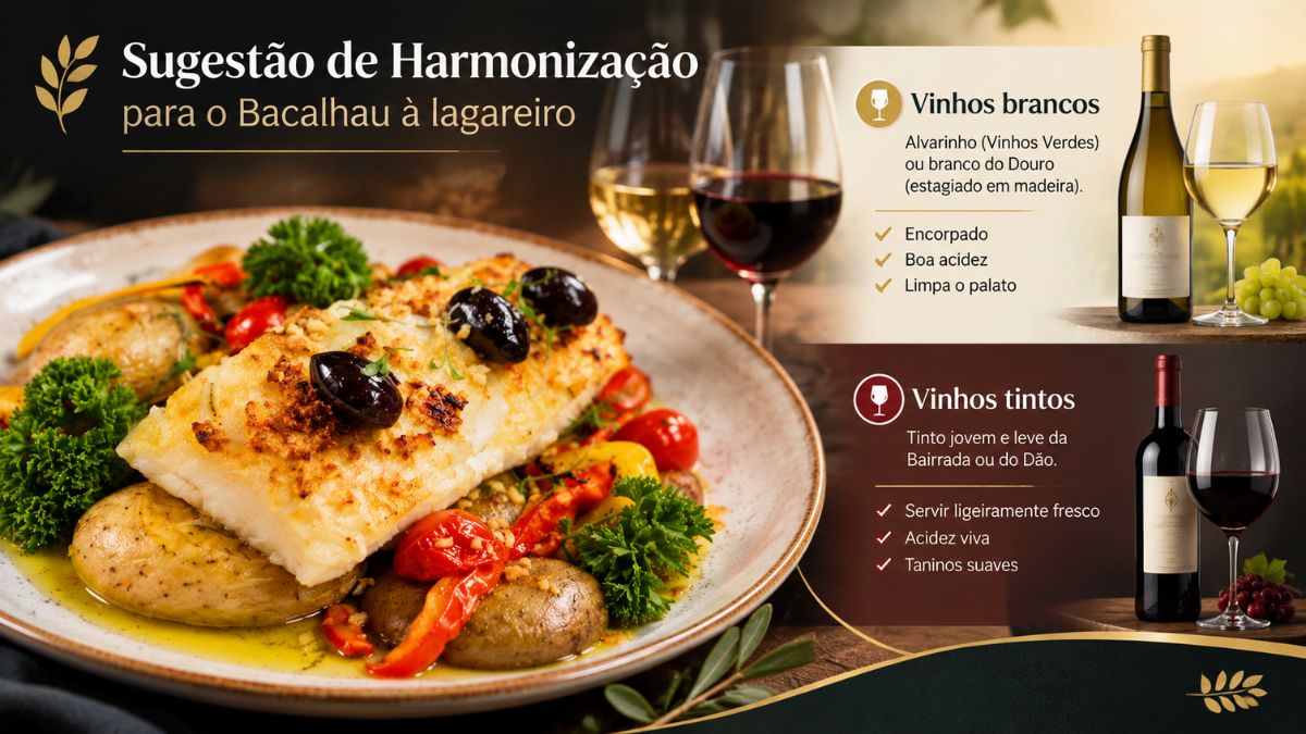 Infográfico com o título Sugestão de Harmonização para o Bacalhau à Lagareiro, exibindo um prato de bacalhau assado com batatas e azeitonas à esquerda. À direita, duas secções detalham escolhas de vinho: Vinhos Brancos com garrafa e copo de Alvarinho Vinhos Verdes ou Douro, listando as características Encorpado, Boa acidez e Limpa o palato, e Vinhos Tintos com garrafa e copo de Tinto jovem da Bairrada ou Dão, indicando Servir ligeiramente fresco, Acidez viva e Taninos suaves.