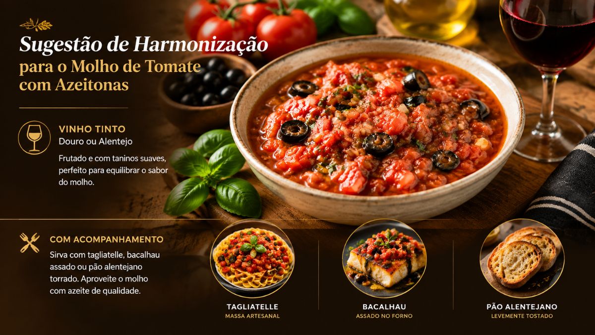 Infográfico ilustrado sobre harmonização de molho de tomate com azeitonas destacando vinho tinto do Douro massa tagliatelle bacalhau assado no forno e pão alentejano torrado.