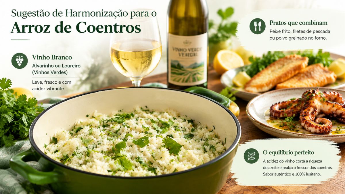 Infográfico com sugestão de harmonização para arroz de coentros, destacando vinho branco alvarinho ou loureiro e pratos de peixe frito, filetes de pescada ou polvo grelhado.