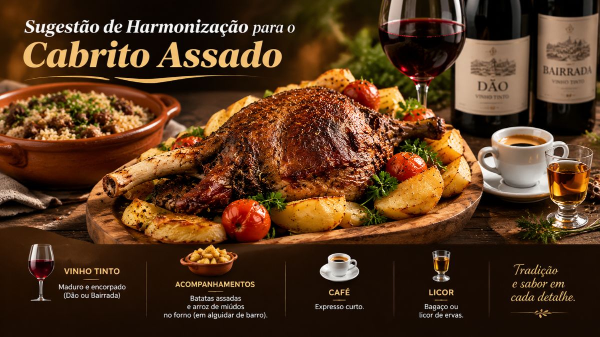 Infográfico detalhado sobre harmonização de cabrito assado com vinho tinto do Dão e Bairrada, batatas, arroz de miúdos, café e licor.