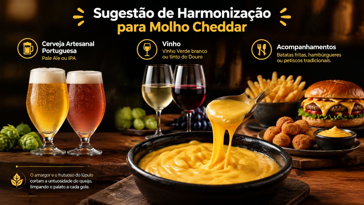 Infográfico com sugestões de harmonização para molho cheddar, incluindo cerveja artesanal, vinhos e acompanhamentos como batatas fritas e hambúrgueres.